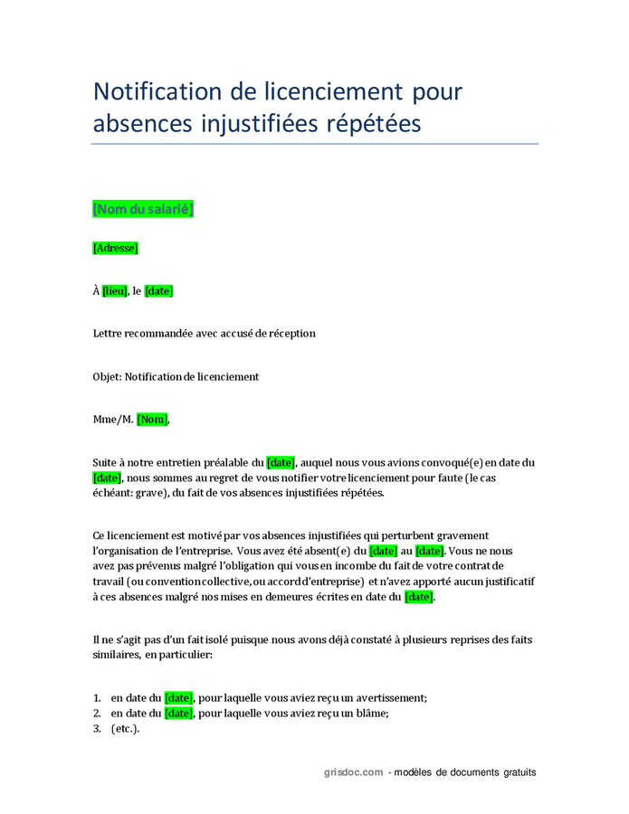 Notification de licenciement pour absences injustifiées répétées DOC