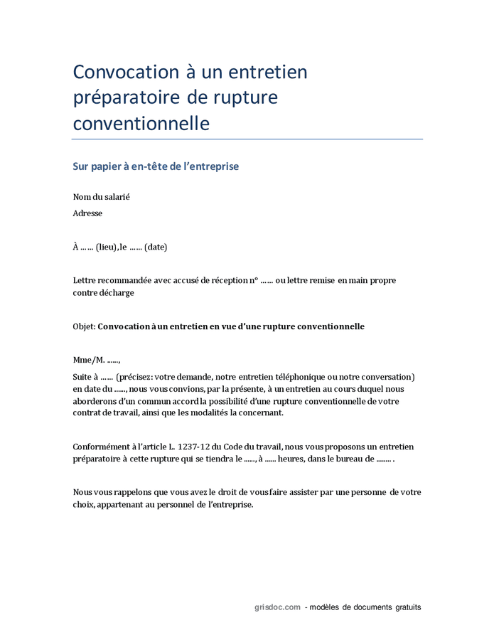 Convocation Un Entretien Pr Paratoire De Rupture Conventionnelle Doc Pdf Page Sur