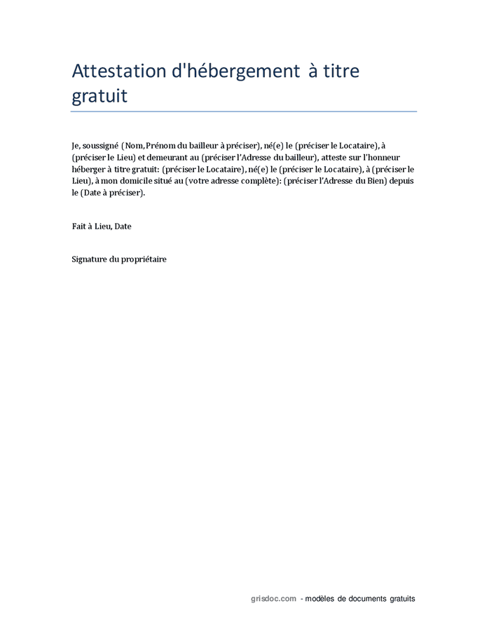 Attestation D'hébergement à Titre Gratuit - DOC, PDF - Page 1 Sur 1