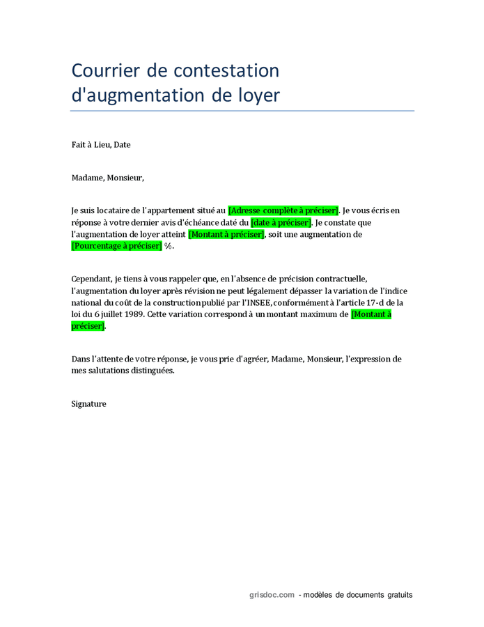 Courrier De Contestation D Augmentation De Loyer DOC PDF Page 1 Sur 1