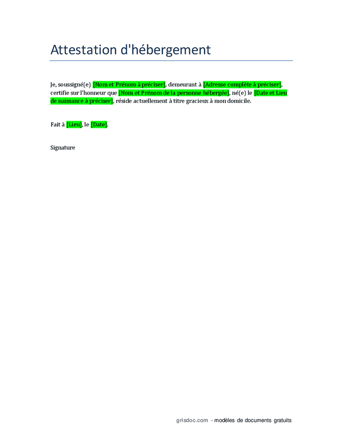 Attestation D h bergement DOC PDF Page 1 Sur 1