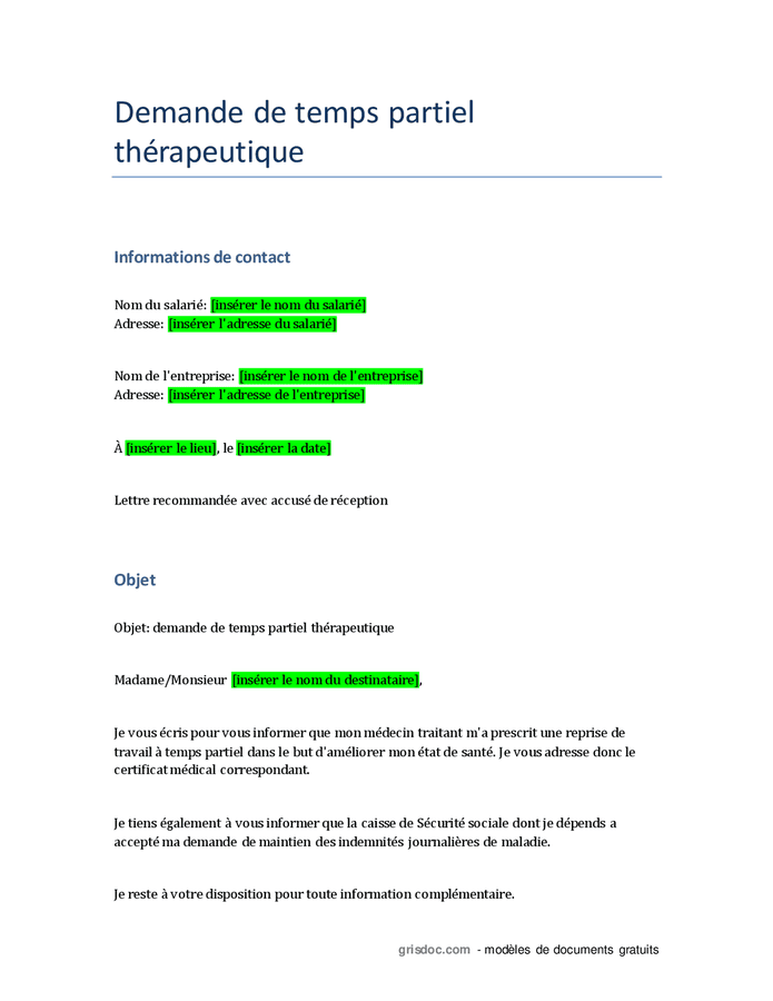 Demande de temps partiel thérapeutique DOC, PDF page 1 sur 2