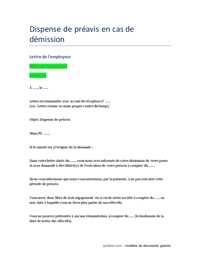 Dispense de préavis en cas de démission DOC, PDF page 1 sur 3