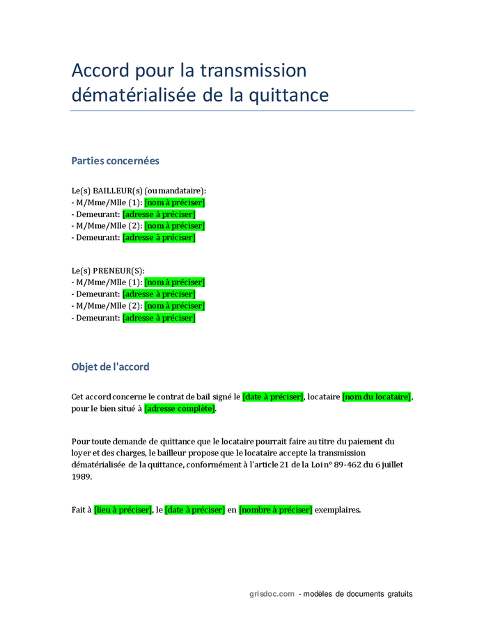 Accord pour la transmission dématérialisée de la quittance DOC, PDF