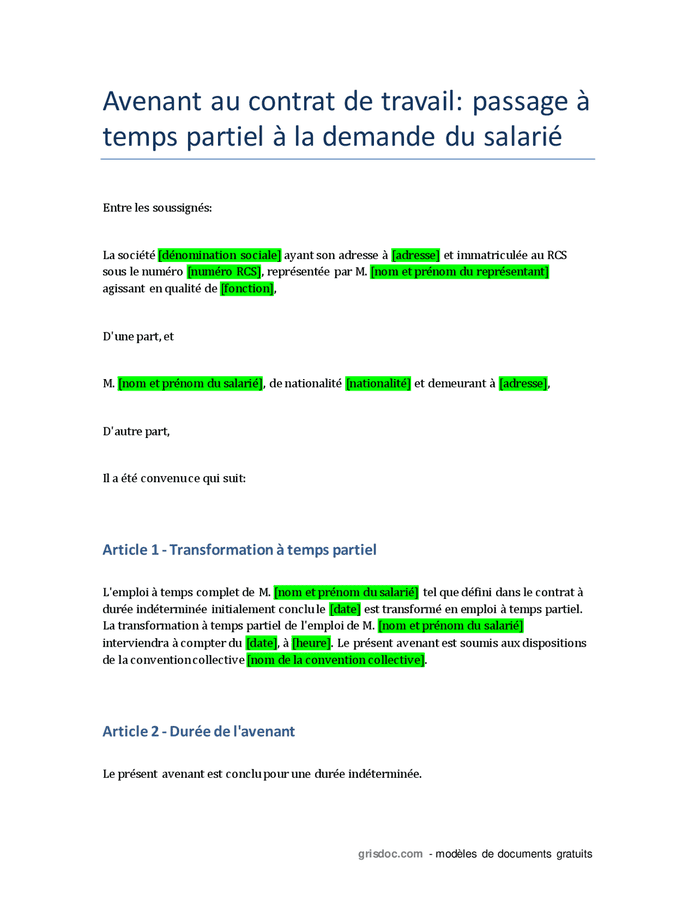 Avenant Au Contrat De Travail - Passage à Temps Partiel à La Demande Du ...