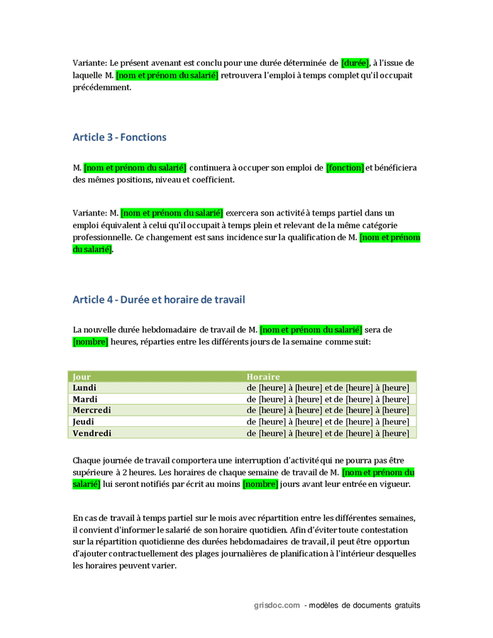 Avenant Au Contrat De Travail Passage Temps Partiel La Demande Du