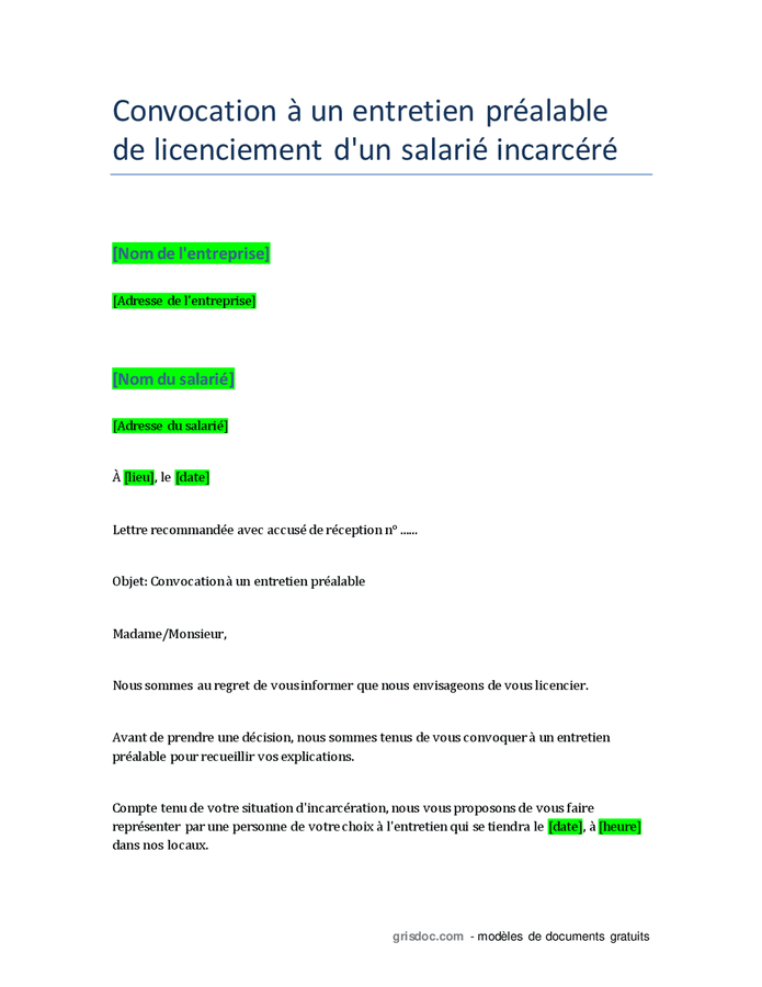 Convocation Un Entretien Pr Alable De Licenciement D Un Salari Incarc R Doc Pdf Page