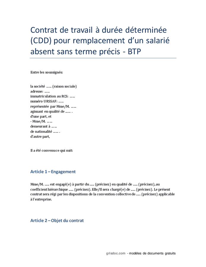 Cdd Pour Remplacement Dun Salari Absent Sans Terme Pr Cis Doc Pdf Page Sur