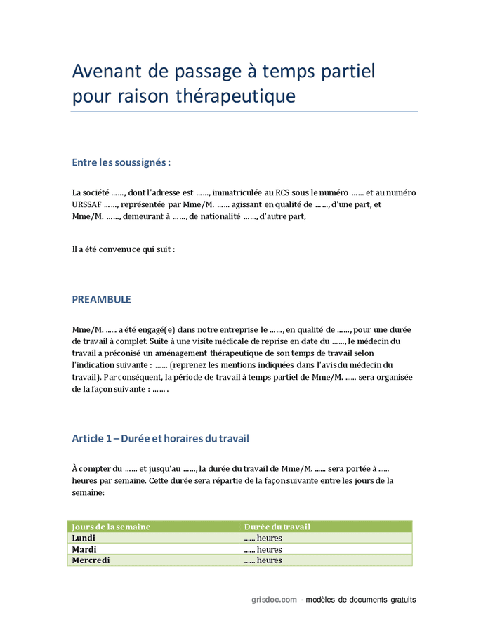 Avenant De Passage à Temps Partiel Pour Raison Thérapeutique - DOC, PDF ...