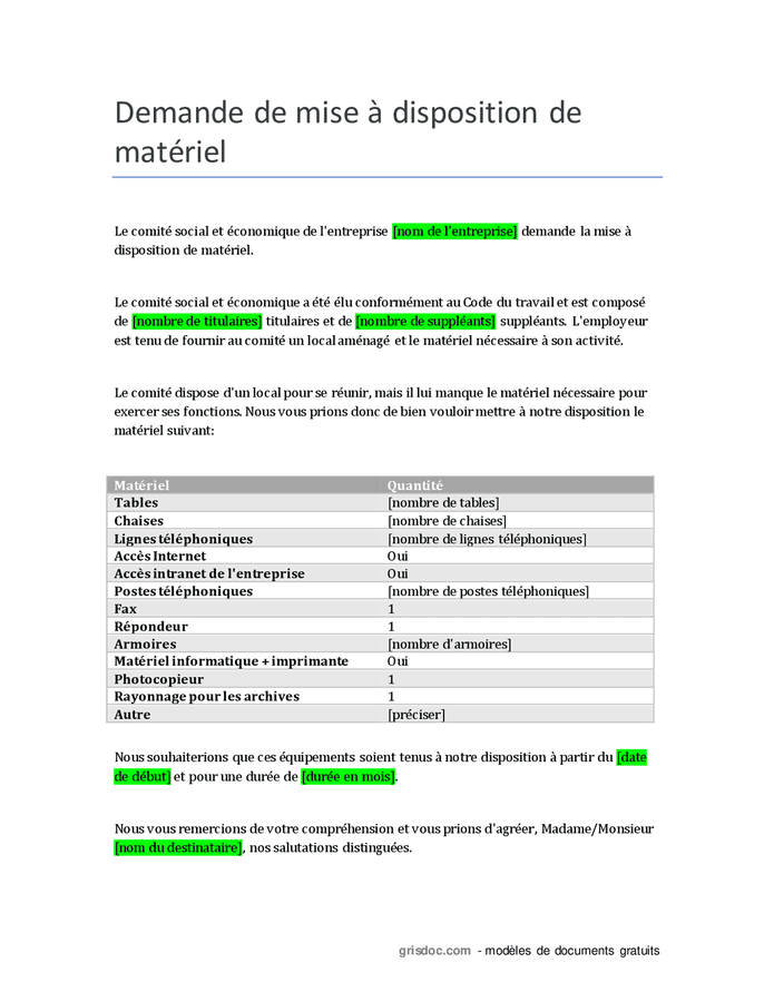 Demande de mise à disposition de matériel DOC PDF page sur