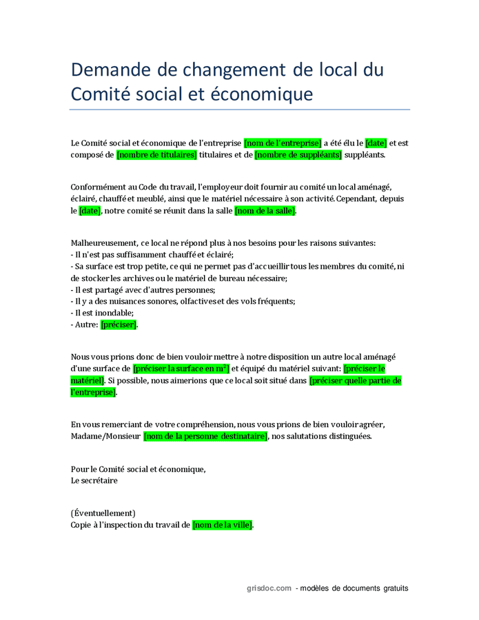 Demande De Changement De Local Du Cse Doc Pdf Page Sur