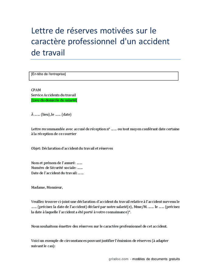 Lettre de réserves motivées sur le caractère professionnel d'un