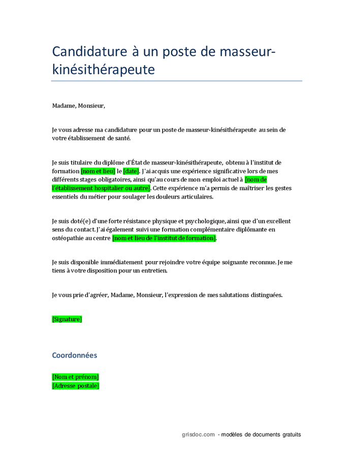 Lettre de motivation de kinésithérapeute  DOC, PDF  page 1 sur 1