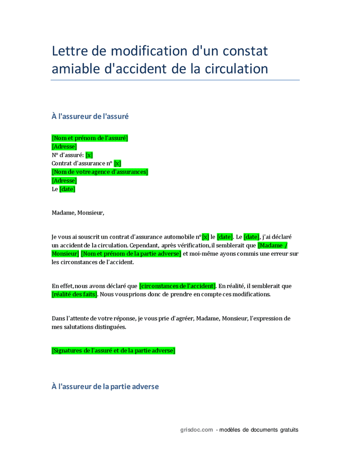 Modele Lettre Arrangement Amiable Accident Voiture