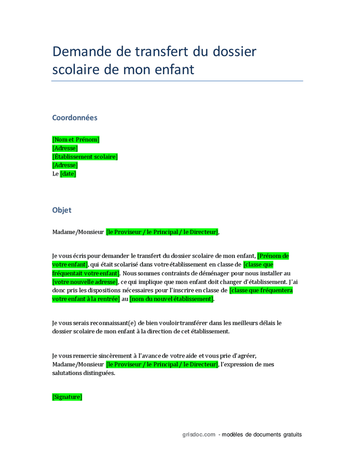 Demande de transfert de dossier scolaire suite à un déménagement DOC