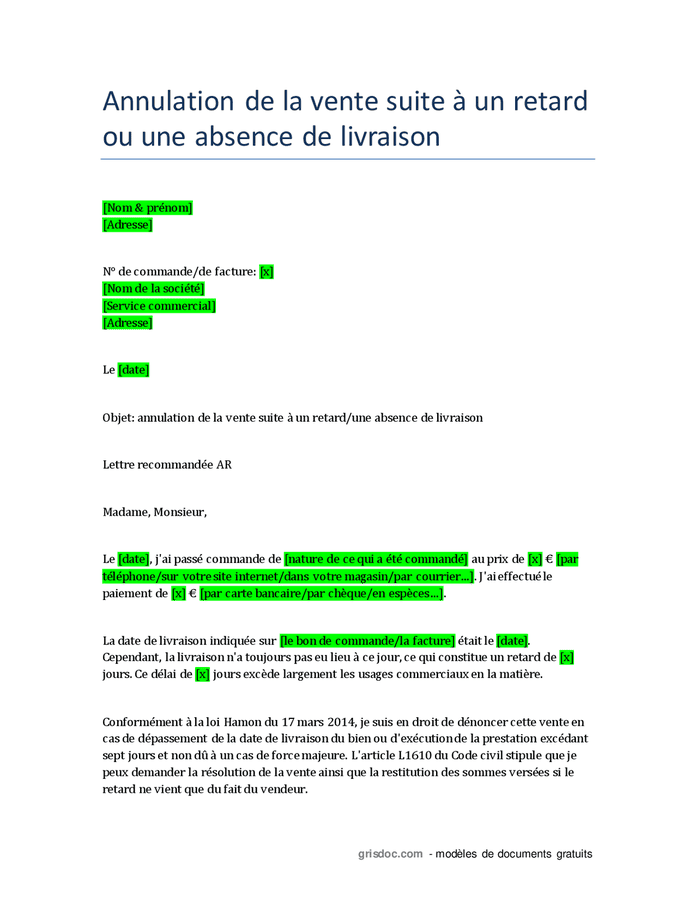 Demande De Remboursement Pour Retard Ou Absence De Livraison - DOC, PDF ...