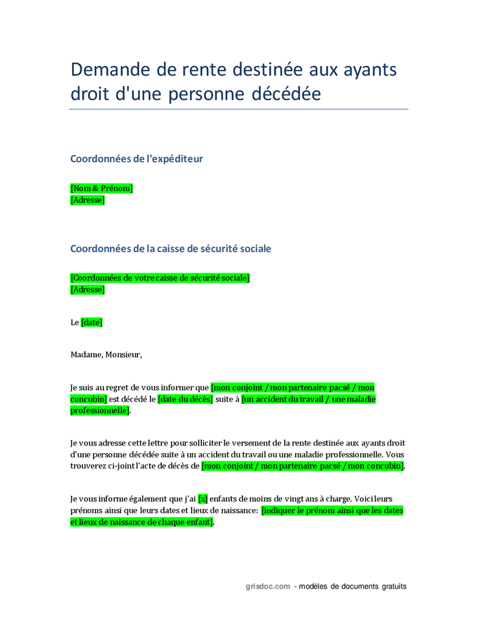 Demande de rente pour les ayants droit d'une personne décédée d'un