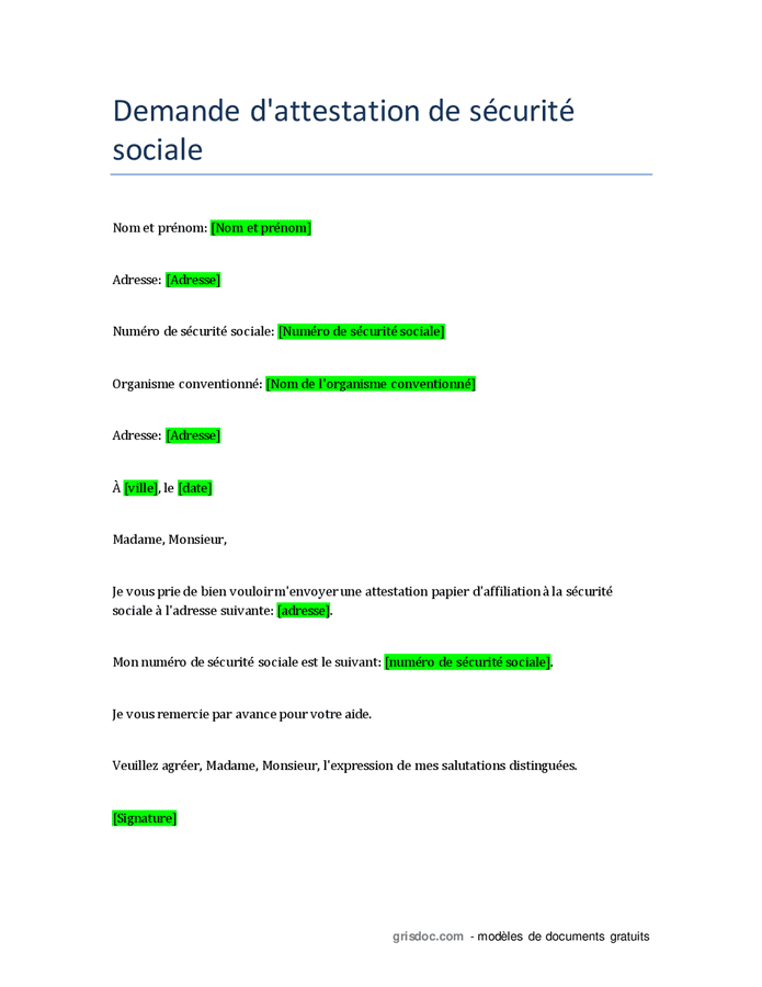 Demande D Attestation La S Curit Sociale Doc Pdf Page Sur