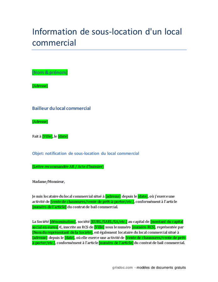 Informations Au Bailleur De La Sous-location Du Local Commercial - DOC ...