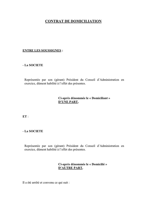 Modelé de contrat de domiciliation DOC, PDF page 1 sur 7