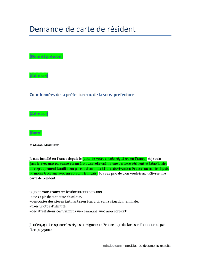 French Res Card Example Demande de carte de résident par un étranger - DOC, PDF - page 1 sur 2