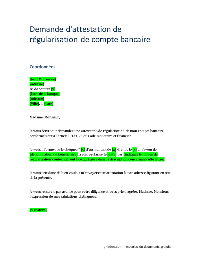 Modele Attestation De Regularisation De Cheque Lettre 6381