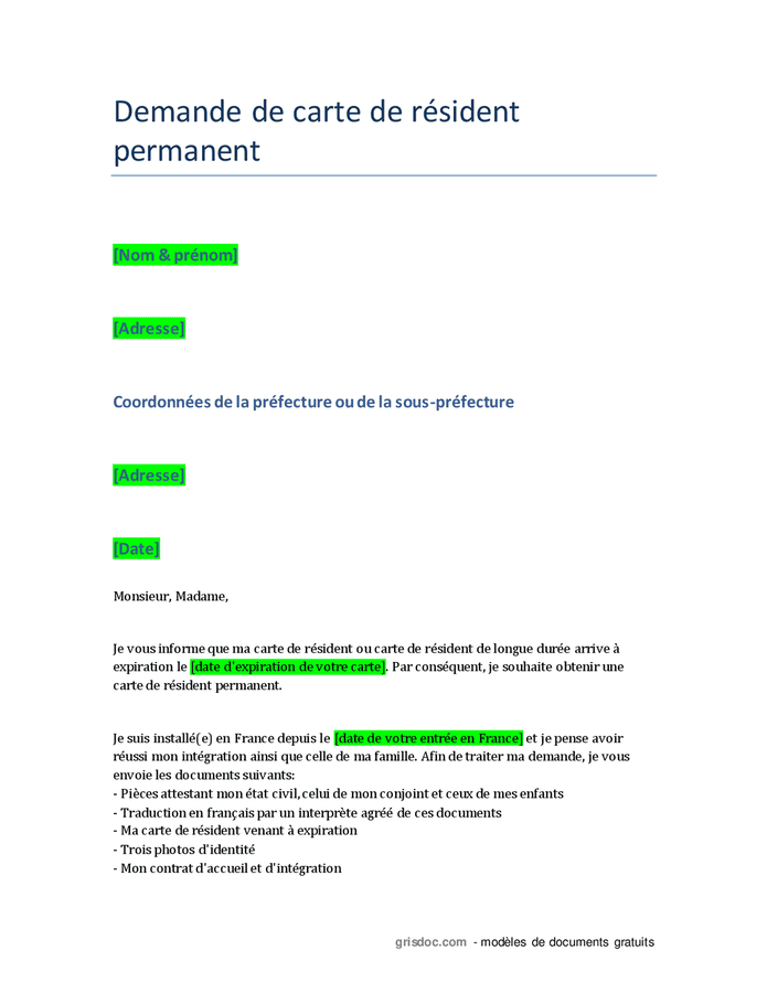 Demande de carte de résident permanent DOC, PDF page 1 sur 2