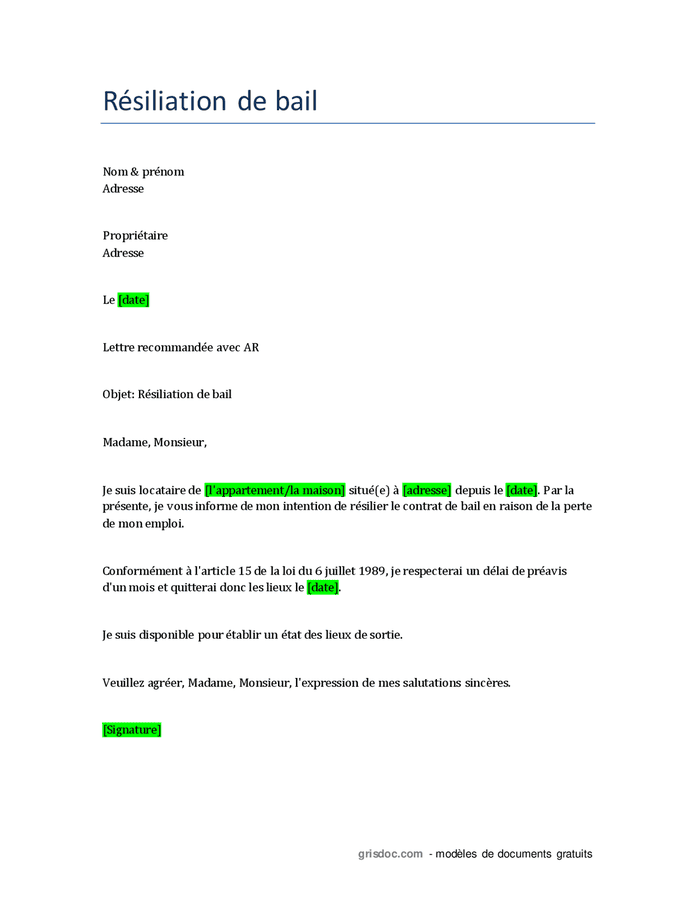 Résiliation De Bail Suite à La Perte Dun Emploi - DOC, PDF - Page 1 Sur 1