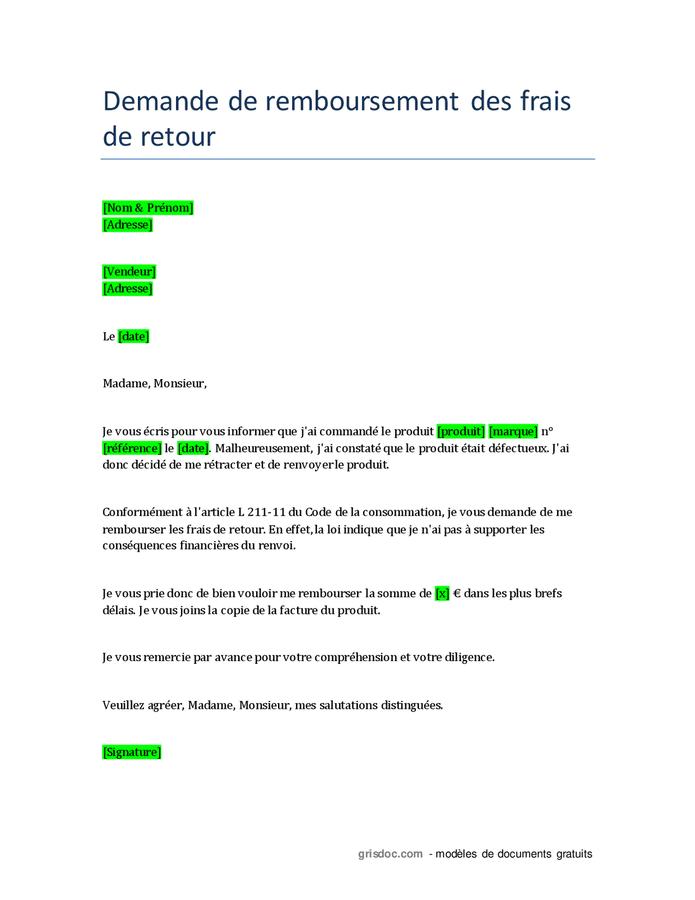 Demande de remboursement des frais de retour d