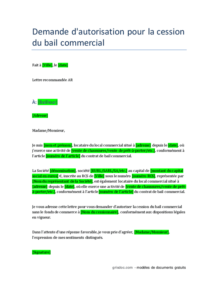 Demande D Autorisation Pour La Cession Du Bail Commercial Doc Pdf My