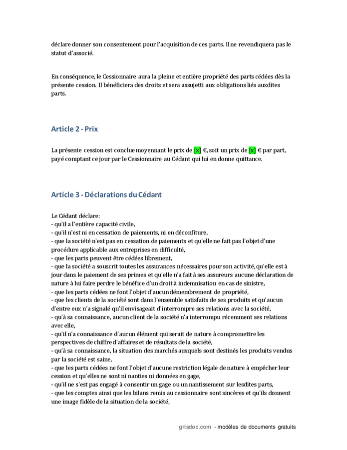 Acte De Cession De Parts Sociales D'une Société - DOC, PDF - Page 3 Sur 4