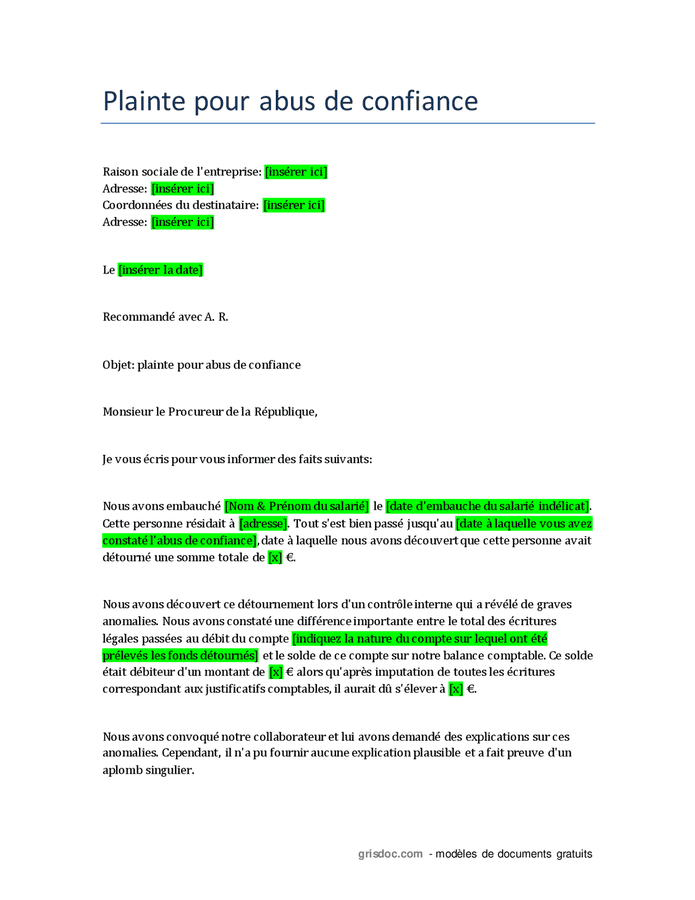 Plainte Pour Abus De Confiance Doc Pdf Page Sur