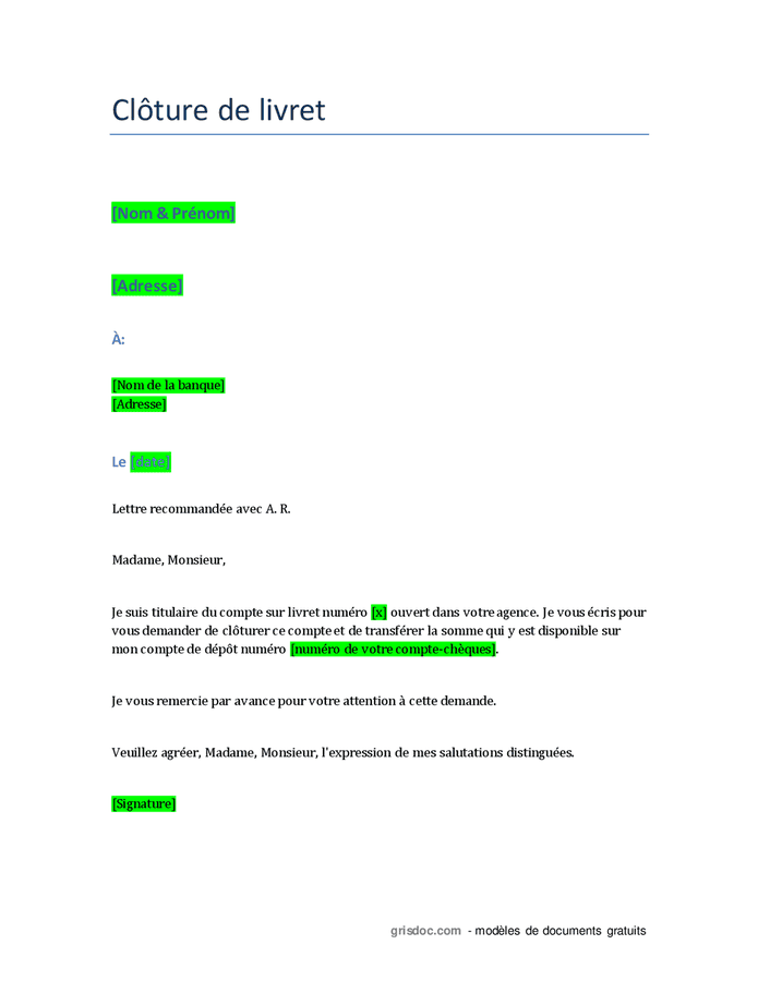 Demande de cloture de livret bancaire DOC, PDF page 1 sur 1