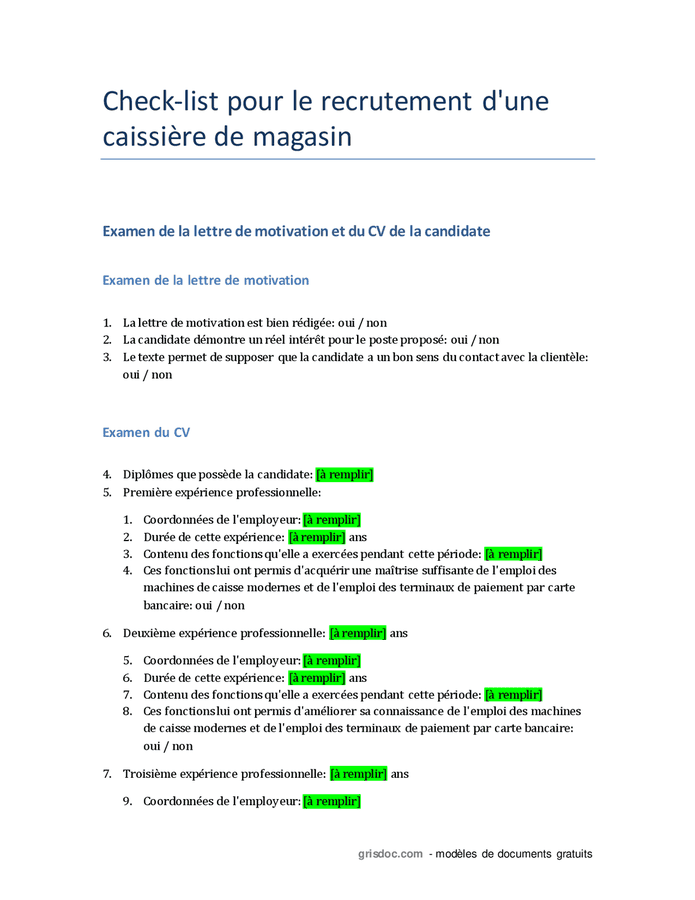 Check List Pour Le Recrutement D Une Caissi Re De Magasin Doc Pdf Page Sur