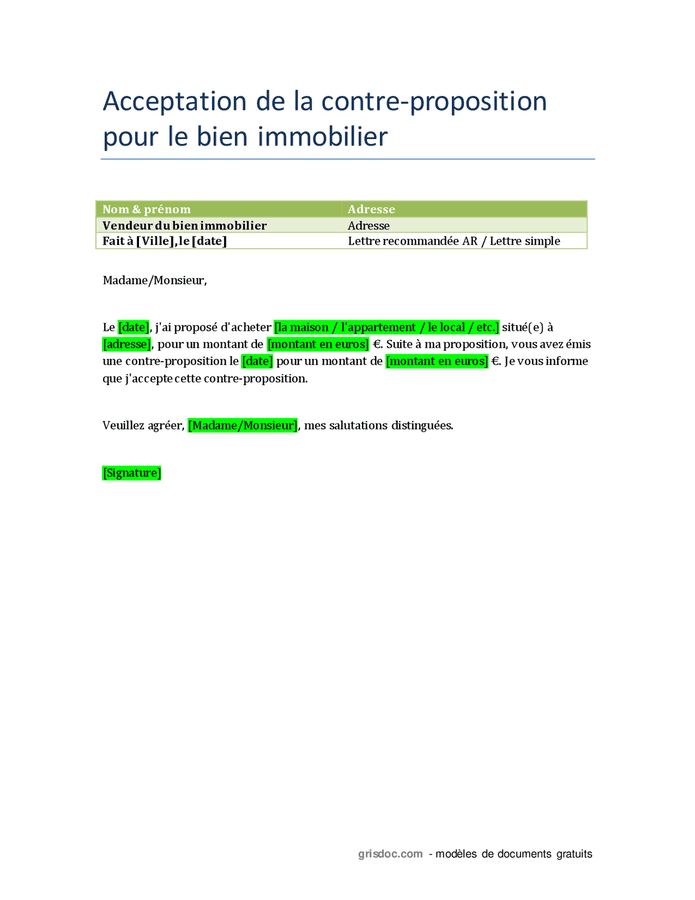 Acceptation de la contreproposition pour le bien immobilier DOC, PDF page 1 sur 1