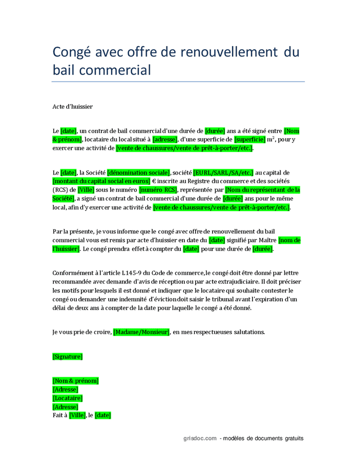 Cong Avec Offre De Renouvellement Du Bail Commercial Doc Pdf Page