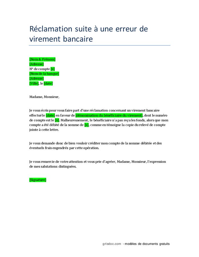 R Clamation Suite Une Erreur De Virement Bancaire Doc Pdf Page Sur