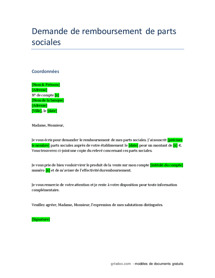 Demande De Remboursement De Parts Sociales Doc Pdf Page Sur