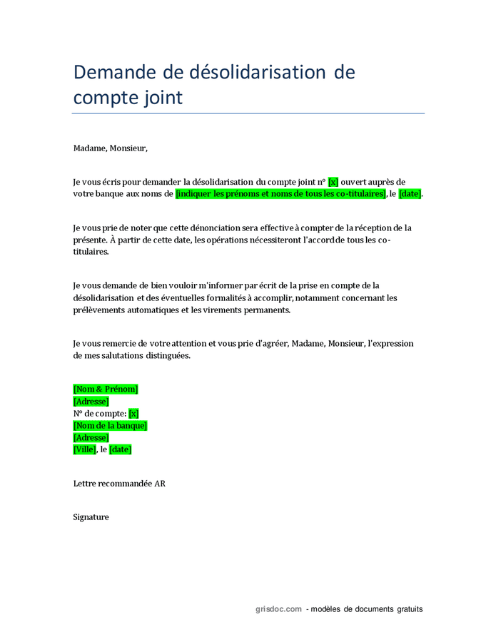 Courrier Désolidarisation Compte Joint