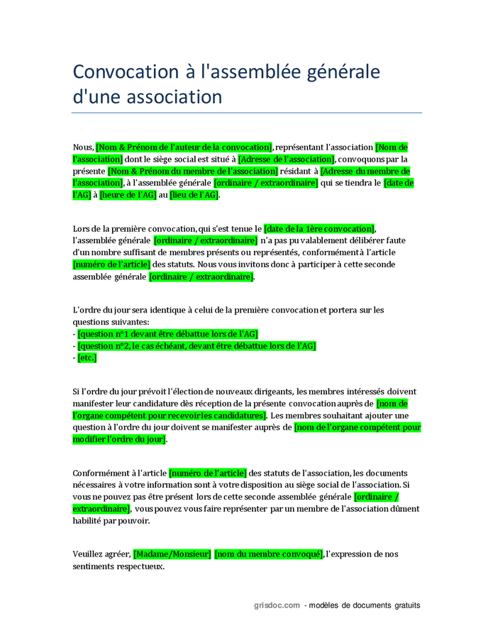 Convocation L assembl e G n rale D une Association DOC PDF Page 