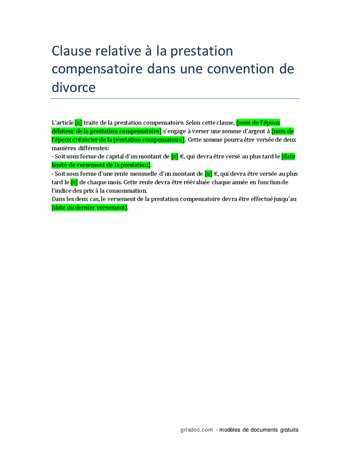 Clause relative à la prestation compensatoire dans une convention de ...