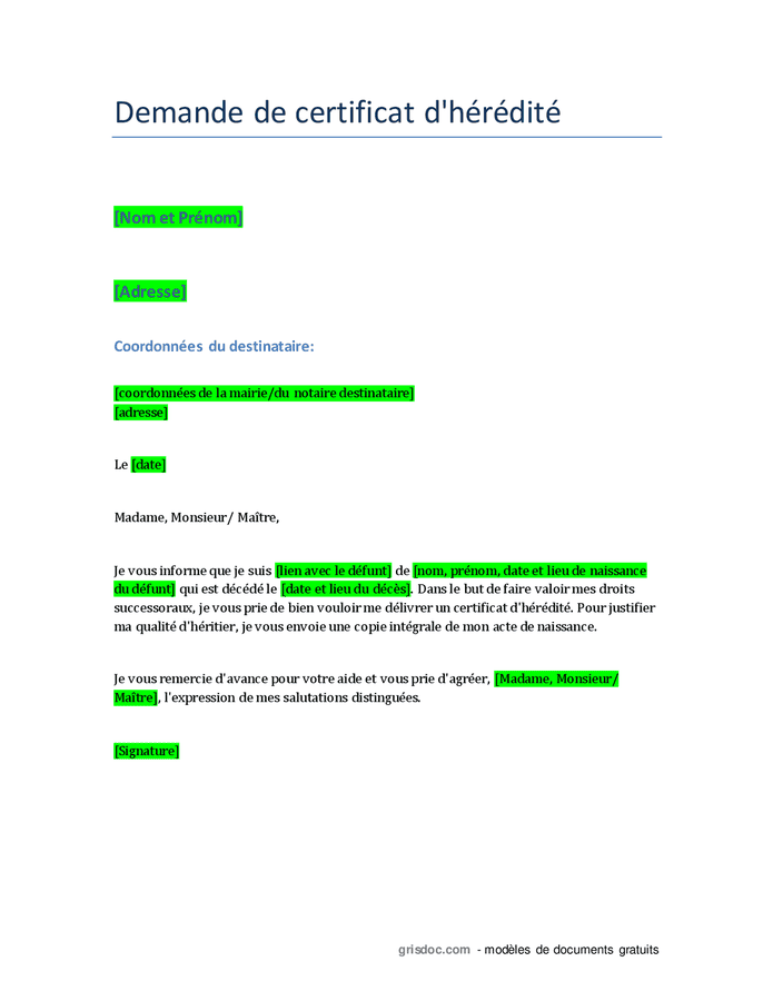 Demande de certificat d'hérédité - DOC, PDF - page 1 sur 1