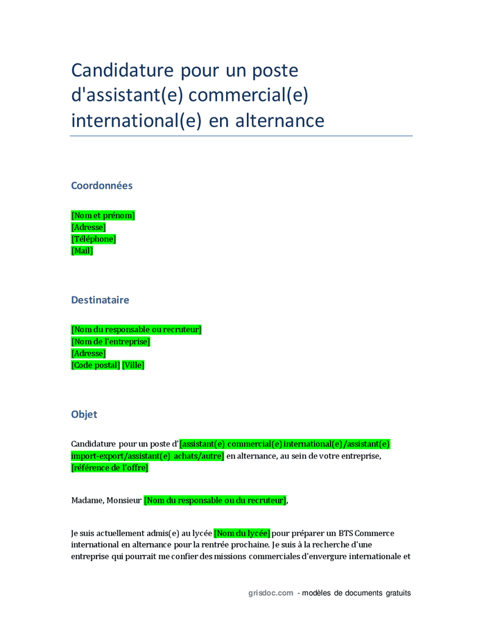 Lettre De Motivation BTS Commerce International En Alternance - DOC ...