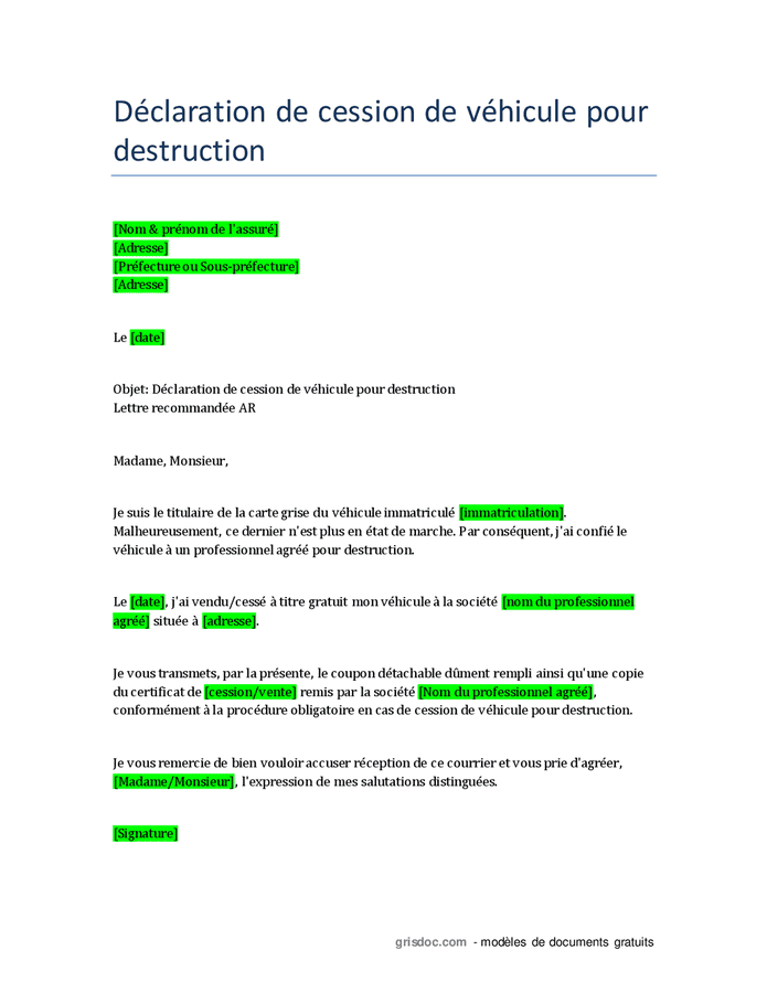 comment déclarer la cession d un véhicule pour destruction
