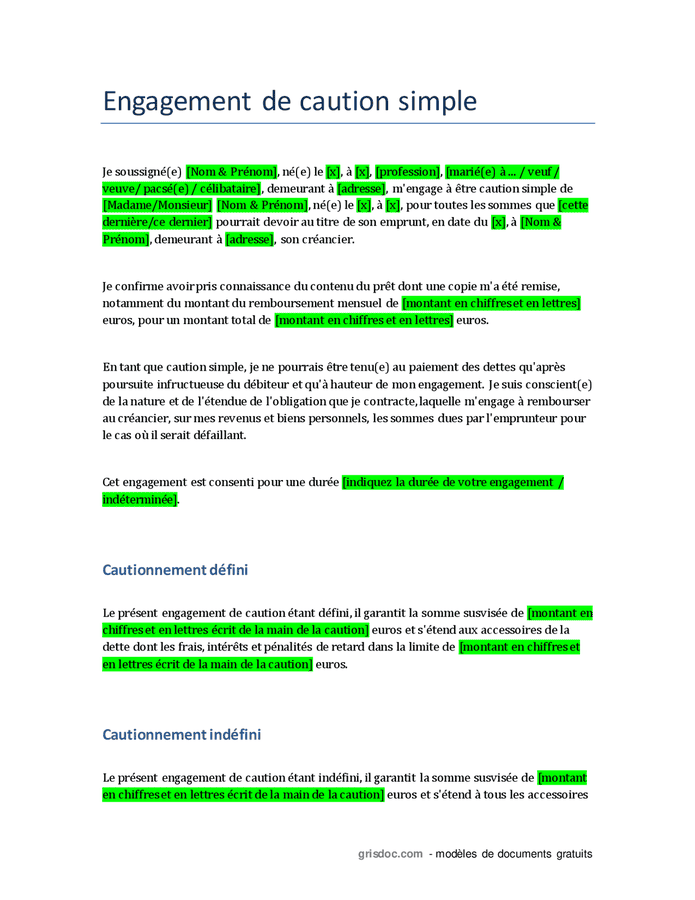 Caution simple pour pret entre particuliers - DOC, PDF - page 1 sur 2