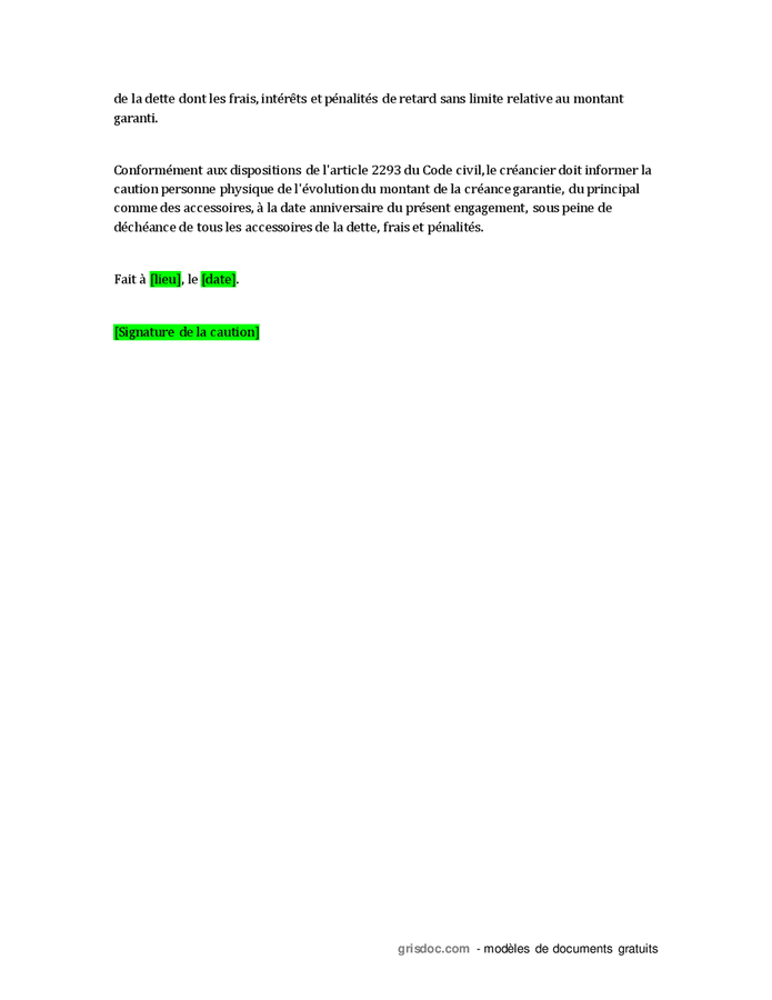 Caution simple pour pret entre particuliers - DOC, PDF - page 2 sur 2