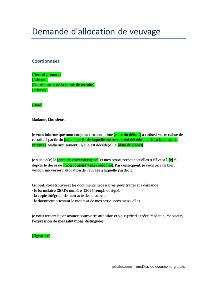 Demande d'allocation de veuvage - DOC, PDF - page 1 sur 1