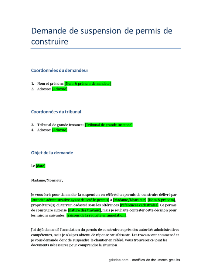 Demande de suspension de permis de construire DOC, PDF page 1 sur 2