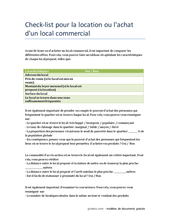 Check-list pour la location ou l'achat d'un local commercial - DOC, PDF ...