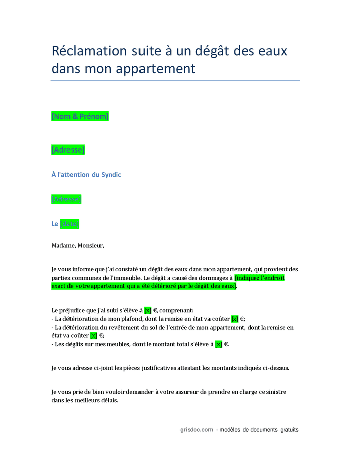 Lettre au syndic pour un dégât des eaux provenant des parties communes DOC, PDF page 1 sur 2